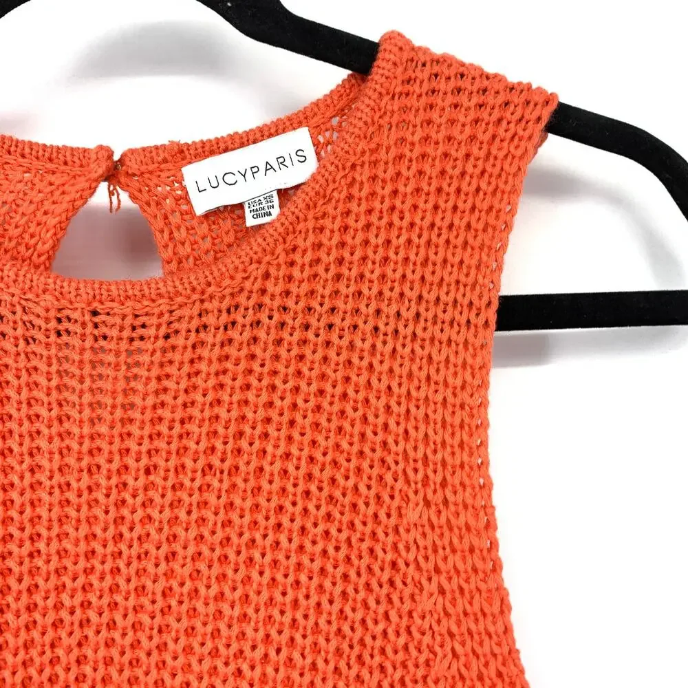 Lucy Paris Sweater Vest Womens Size XS Orange Open Knit Sleeveless
